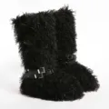 Bottes punk en fausse fourrure noire avec brides à boucles et rivets, bottes plates. - 36 / Noir (lacets plats 40 cm)
