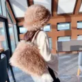 Stylish brown shaggy faux lamb wool bucket hat with matching plush shoulder bag for winter - Coffee