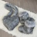 Detailed view of grey faux raccoon fur heart-shaped bag and plush snow boots Y2K set - 36 / Gray