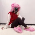 Detailed view of trendy pink fluffy faux fur hat and slipper set in a stylish setting - Pink Purple - (Faux Wool Sole 2.0 and Hat Set) / 36 (US 3)