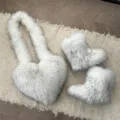 Cozy white faux raccoon fur set with heart-shaped bag and matching fuzzy snow boots - 36 / White