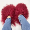 Vibrant red curly Mongolian fur slides with long sheepskin texture worn with denim jeans - 5 (Shoe Length 250, Inner Length 225) / Red
