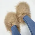 Detailed macro view of fluffy beige Mongolian fur slides featuring soft sheep wool - 5 (Shoe Length 250, Inner Length 225) / Milk Coffee