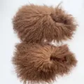 Detailed macro view of curly brown Mongolian sheep fur slides with soft fluffy texture - 5 (Shoe Length 250, Inner Length 225) / Coffee