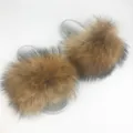 Summer fluffy slippers featuring silver PVC soles and natural brown raccoon fur - Original Color