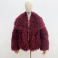 Wine red faux fur short jacket with fluffy imitation sheep wool texture on mannequin - S (104cm) / Wine Red 960#