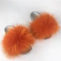 Fashionable fluffy orange raccoon fur slide slippers with shiny silver PVC soles for summer - Orange