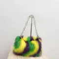 Vibrant Mardi Gras themed colorful faux fur handbag with a silver metal chain strap - One Size / 5794 Chain Baguette Bag with Wave Pattern