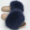 Plush navy blue fox fur pom pom slippers for women featuring non-slip golden textured soles - 36 / Gold and Navy Blue
