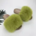 Luxurious green fuzzy fox fur slippers with metallic rose gold soles for fashion women - 36 / Gold and Onion Green