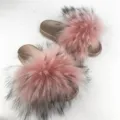 Luxurious pink fluffy raccoon fur slides with metallic gold PVC sole for summer - Pink Base with Black Tips