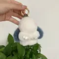 Detailed view of soft 8cm white mink fur rabbit keychain pendant with blue ears - White with Blue Gray Ears