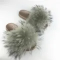 Fashionable grey fluffy raccoon fur slides with metallic rose gold PVC soles for summer - Bean Green