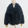 Women's stylish black faux fur short coat with imitation Mongolian lamb wool texture - S (104cm) / Black #960