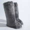 Detailed side view of grey knee-high faux fox fur snow boots for winter - 36 / Dark Gray