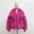 Vibrant pink faux fur coat with shaggy Mongolian lamb style texture and short length - S (104cm) / Rose Red #960