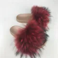Fashionable golden PVC sole slides decorated with fluffy dark red raccoon fur trim - Dark Red
