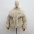 Chaqueta corta de piel sintética con textura de lana de oveja mongola rizada beige - Albaricoque #960