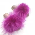 Stylish gold PVC sole slippers featuring vibrant purple raccoon fur - Rose Red