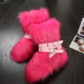 Vibrant hot pink faux fur snow boots featuring Y2K punk style buckled rivet straps - 36 / Rose Red