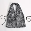 Mongolian faux fur halter top with cross pendant and open back in black and white - One Size / Black Frost