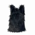 Detailed view of black faux raccoon fur backpack with fluffy texture and cute ears - Black