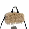 Borsa tote premium in finta lana di pecora beige con manici in pelle nera vista SKU - Caffè Medio