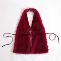 Elegant red and black faux fur halter neck top featuring a silver cross pendant - One Size / Red