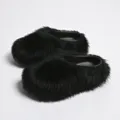 Detailed top view of black faux fur platform mule slippers with a thick sole design. - 36-37 (US 5-6) / Black