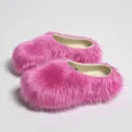 Detailed close-up showing the soft pink faux fur texture of thick-bottom mule slippers - 36-37 (US 5-6) / Rose Red