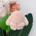 Niedlicher rosa Rex-Kaninchenfell-Hasen-Schlüsselanhänger mit glitzernden Diamantfüßen - Rosa