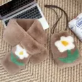 Japanese style brown plush scarf and drawstring bag set with white flower motif - Scarf and Bag Set / Coffee