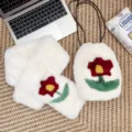 White faux fur drawstring bag and matching scarf set with red cherry blossom motif - Scarf and Bag Set / White