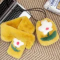 Yellow plush faux fur scarf and drawstring bag set featuring white flower pattern design - Scarf and Bag Set / Warm Yellow
