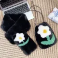 Black faux fur bag and scarf set with a white flower pattern design - Scarf and Bag Set / Black