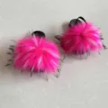 Detailed view of fuchsia faux fur kids sandals with fluffy pom-pom and black back strap - 4C / Rose Red