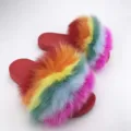 Pantofole lussuose in pelliccia arcobaleno con suola piatta antiscivolo in PVC rosso resistente - E: pelliccia di volpe arcobaleno (suola in PVC rosso)