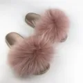 Fashionable pink raccoon fur slides with shiny gold PVC soles summer slippers for women - Dusty Pink