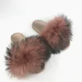 Fashionable golden PVC slide slippers with luxury large fluffy raccoon fur pom-poms - Dark Mauve