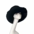Chapeau cloche élégant en fausse fourrure de renard noire pour l'hiver avec large bord - Noir