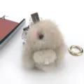 8cm plush mink fur rabbit keychain charm in beige for DIY accessories - Khaki