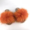 Fashionable orange fluffy raccoon fur summer slides with metallic gold PVC soles - Orange