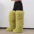 Dramatic 72cm lime green faux lamb fur over-the-knee boots for carnival and festive parties - 38 / Matcha Green