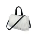 Trendy white faux fur tote handbag with black shoulder straps and handles in y2k style - White