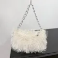 Elegant white faux fur baguette shoulder bag featuring a chunky silver chain strap for women - Apricot