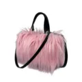 Chic pink faux fur tote bag with black handles, Y2K pillow style crossbody handbag. - Light Pink