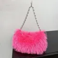 Chic hot pink shaggy faux fur shoulder bag with elegant silver chain strap for evening - Rose Red