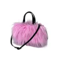 Sweet Y2K style pink faux fur plush tote handbag featuring black leather handles and straps - Pink Purple