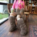 Stylish high-top fuzzy snow boots with cross straps and rivets plus matching brown plush bag - Platform 36 / Cocoa Brown Set
