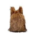 Detailed back view of a shaggy faux raccoon fur backpack in Y2K style with ear accents. - Coffee